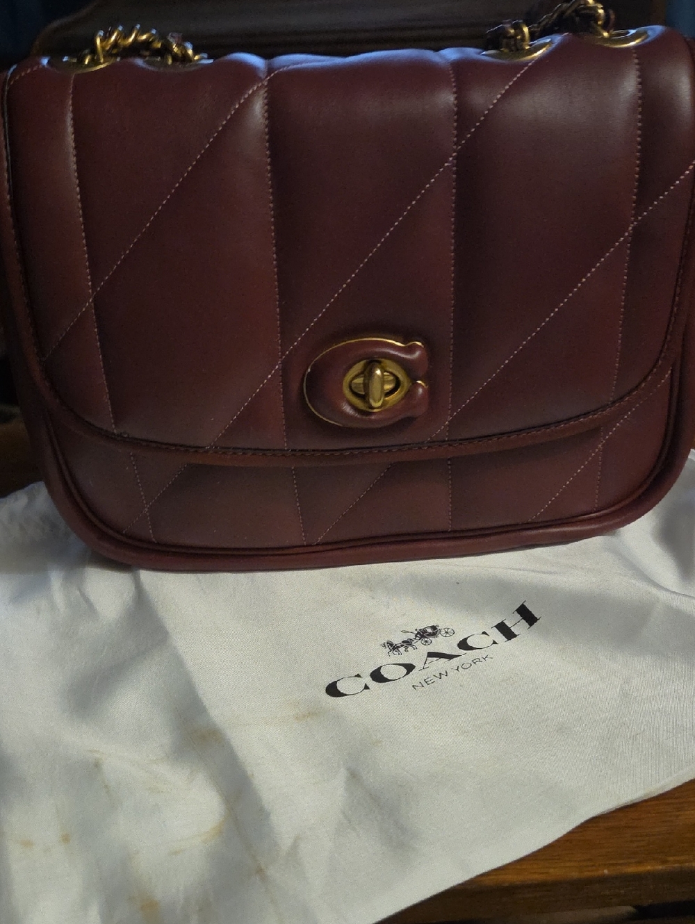 Coach Quilted Leather Shoulder Bag in Deep Burgundy with Gold Hardware